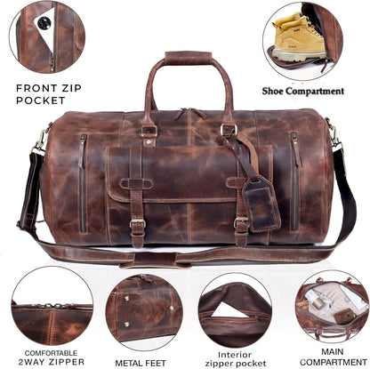 20 Inch Leather Duffel Bags for Men and Women Full Grain Leather Travel Overnight Weekend Leather Bags Sports Gym Duffel for Men