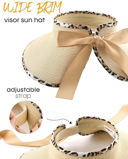 Camptrace Sun Visors for Women Wide Brim Beach Hat Foldable Straw Visor Hat Ponytail Summer Packable UPF 50+