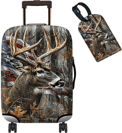 Luggage Cover Suitcase Protector + Tag, Camo Deer Flag Travel Suitcase Cover for 20 inch Luggage (S) with Concealed Zipper Washable Elastic Cloth Dustproof Anti-Scratch
