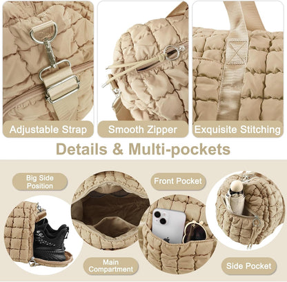 Quilted Travel Duffle Bag Gym Bag for Women,Large Puffer Duffle Weekender Bag with Compartment,Workout Overnight Carry on Organizer Bag Duffle Bag for Airplane Travel(L-Khaki)