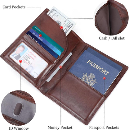 Polare Full Grain Leather Passport Holder RFID Blocking Travel Bifold Wallet Passport Holders 2 Passports (Coffee)