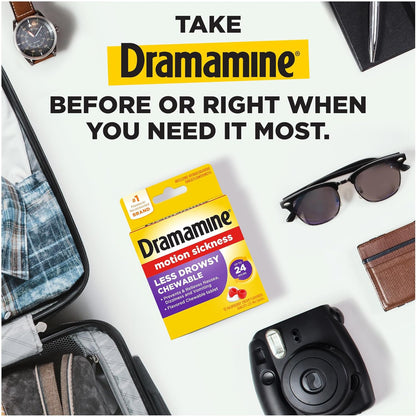 Dramamine Motion Sickness Less Drowsy, Chewables for Nausea Relief During Travel, Raspberry Cream Flavor, 12 Count