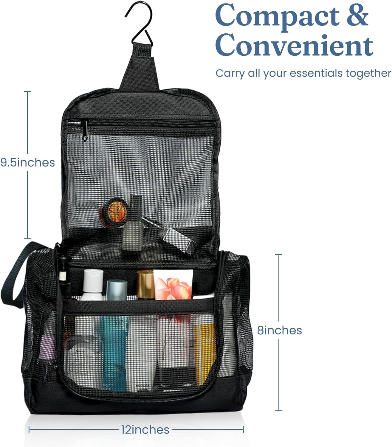 The Fine Living Portable Latex Mesh Shower Caddy Tote Bag, Gym Shower Caddy Hanging Organizer with Metal Hook, Dorm Room Essentials, Travel Toiletries, Camping RV Essentials, Black 12”x3”x8”