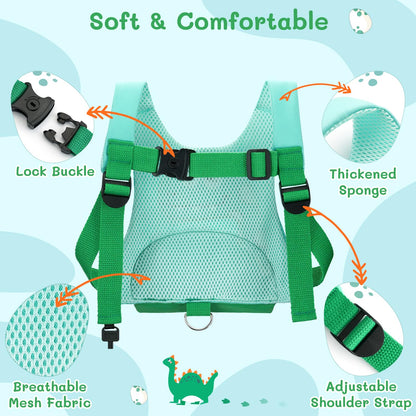 Dr.meter 3 in 1 Toddler Harness Leash + 8.2ft Anti Lost Wrist Link, Cute Dinosaur Kids Safety Harness Tether with Key Lock, Child Protective Leashes While Walking for Outdoor Activity Keep Kids Close
