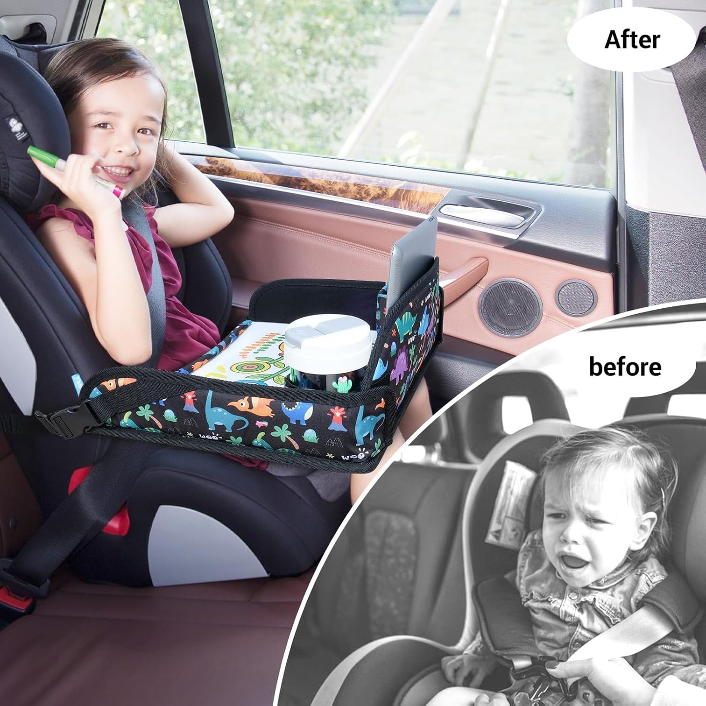 COOLBEBE Kids Travel Tray for Toddler Car Seat, Travel Tray for Airplane, Toddler Car Seat Lap Tray, Carseat Table Tray for Kids Travel Activities (Dinosaur)