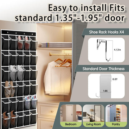 Over the Door Shoe Organizer with 30 Breathable Mesh Pockets - Large Capacity Closet Storage for Men & Women, Hanging Shoe Rack Organizer (Solid black)
