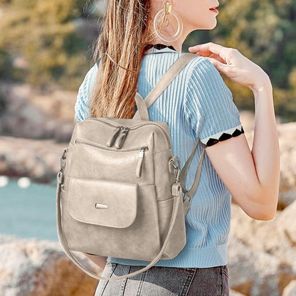 PU Leather Backpack Purse for Women Fashion Multipurpose Design Handbag Ladies Shoulder Bags Travel Backpack Beige