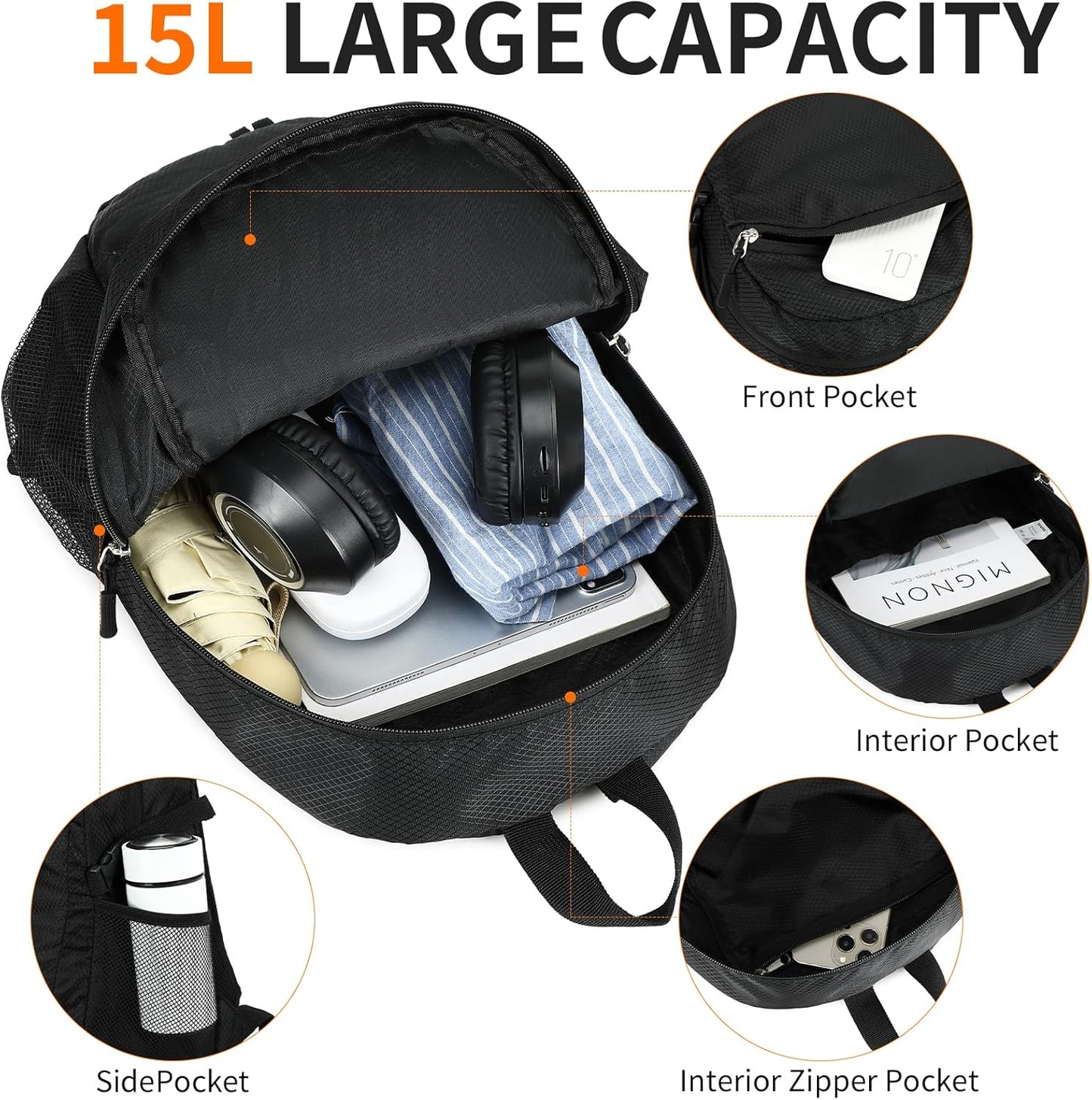 Small Hiking Daypack,15L Water-Resistant Hiking Backpack Packable Lightweight Travel Day Pack for Women Men (Black, Small)