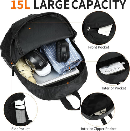 Small Hiking Daypack,15L Water-Resistant Hiking Backpack Packable Lightweight Travel Day Pack for Women Men (Black, Small)
