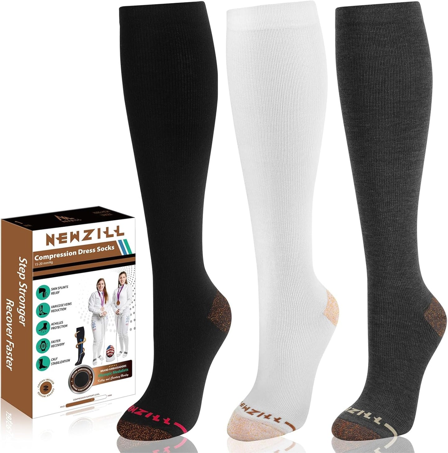 NEWZILL Copper Compression Socks for Women & Men 15-20mmHg Cotton Rich Odor Control Dress Socks for Business Casual Running Medical Athletic Support, Edema Diabetic Relief
