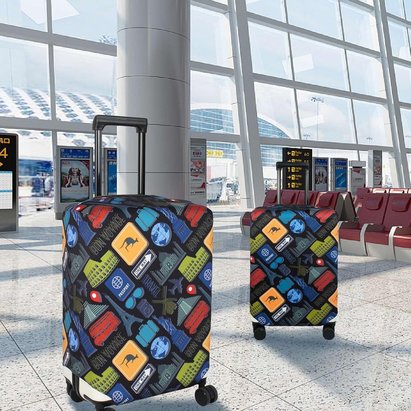 Explore Land Travel Luggage Cover Suitcase Protector Fits 23-26 Inch Case (Bon Voyage, M)
