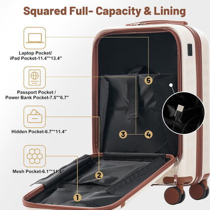 Merax Luggage Sets Front Opening, 2 Piece Hardshell Suitcase with Spinner Wheels and Bags,Lightweight Carry on Luggage with USB Port,20+24,White and Brown