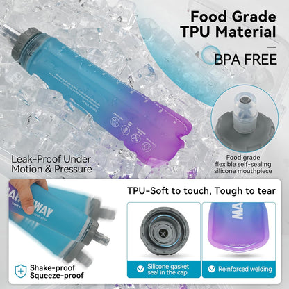 MARCHWAY Soft Hydration Flask with Wide Mouth, 300ml/500ml Collapsible TPU Water Bottle, Leakproof Portable Flexible for Running, Hiking, Cycling, Climbing, Gym, Travel (2pcs Blue-Purple 300ml)
