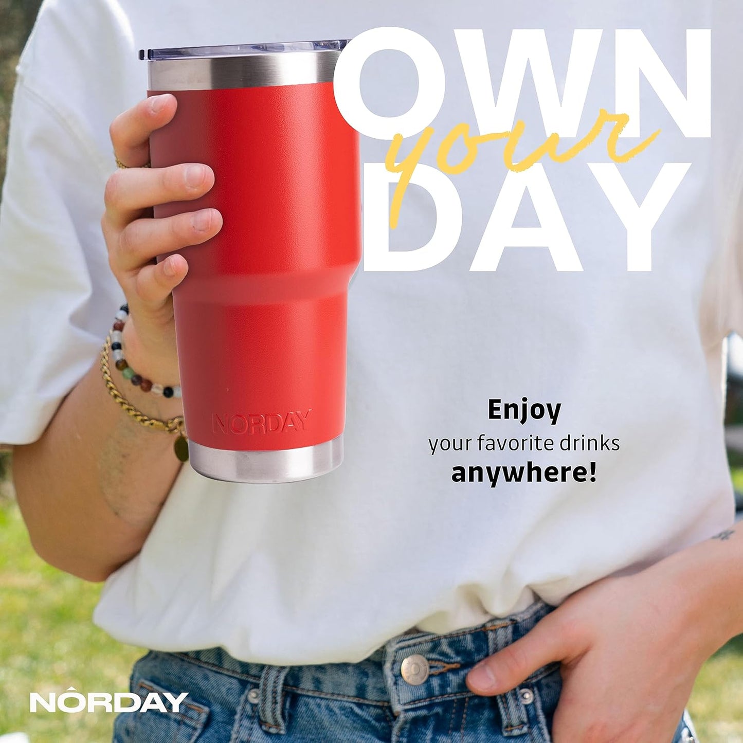 NORDAY | Tumbler with Lid - 30oz - Red Insulated Tumbler - Stainless Steel Tumblers - Double Wall Vacuum Insulated Travel Coffee Mug for Car Cup Holder - Keeps Temperature for 24hr - Anti Spill Lid