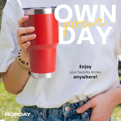 NORDAY | Tumbler with Lid - 30oz - Red Insulated Tumbler - Stainless Steel Tumblers - Double Wall Vacuum Insulated Travel Coffee Mug for Car Cup Holder - Keeps Temperature for 24hr - Anti Spill Lid