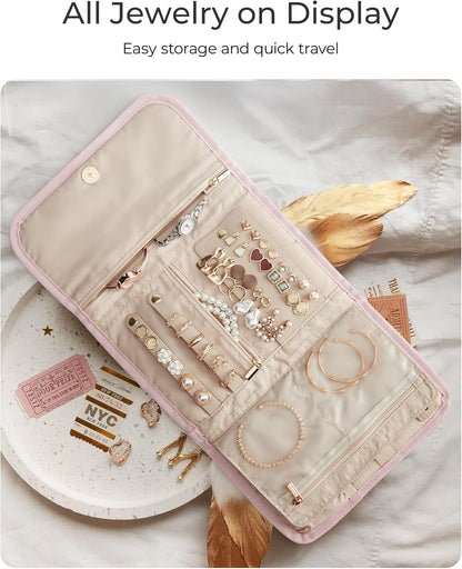 BAGSMART Travel Jewelry Organizer Case, Foldable Jewelry Roll for Necklaces, Earrings, Journey-Rings, Bracelets, Brooches, Portable, Beige