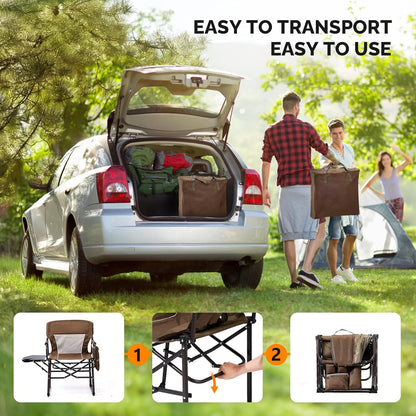 VINGLI Camping Chairs, Directors Chair, Camping Chair with Side Table & Carry Bag，Heavy Duty Camping Chairs for Adults, Portable Folding Camping Chair, Pocket for Beach, Fishing,Trip,Picnic,Lawn-Brown