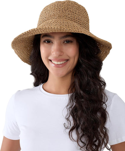 Womens Wide Brim Straw Sun Hat Foldable Floppy Crochet Beach Hat for Summer