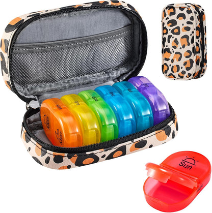 Serfeymi Weekly Travel Pill Organizer 2 Times A Day AM PM Upgraded Rainbow Pill Box 7 Day with Portable Zipper PU Leather Pill Case, Medicine Organizer for Pills, Vitamins, Fish Oils - Brown 02