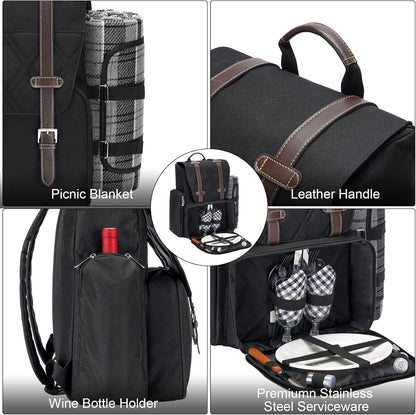 Picnic Backpack for 4 Person with Large Insulated Cooler Bag, Picnic Basket Set with Wine Pouch, Waterproof Picnic Blanket & Cutlery Set. Perfect for Beach, Camping, Party,Wedding Gift for Couple.