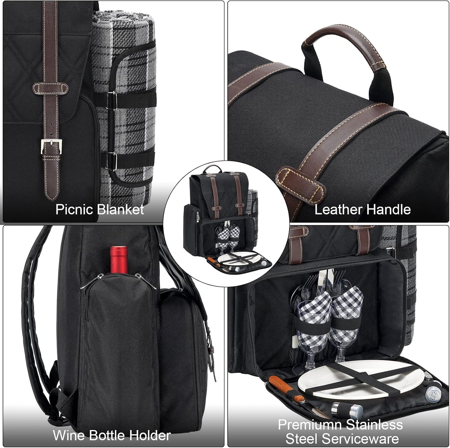 Picnic Backpack for 2 Person with Large Insulated Cooler Bag, Picnic Basket Set with Wine Pouch, Waterproof Picnic Blanket & Cutlery Set. Perfect for Camping, Party,Wedding Gift for Couple.2P-Black