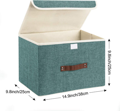 TYEERS Collapsible Storage Boxes, Washable Fabric Storage Bins with Lids, 14.9x9.8x9.8 inches, 3 Pack, Aqua Deep