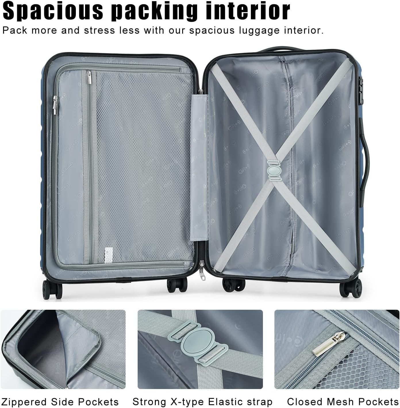 Coolife Luggage Suitcase Carry-on Spinner TSA Lock USB Port Expandable (only 28’’) Lightweight Hardside Luggage (Gray, S(20in_carry on))