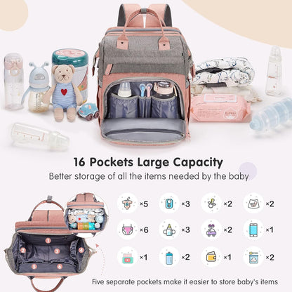 DERJUNSTAR Baby Diaper Bag Backpack with ChangingStation-Large Capacity Baby Bag for Boys & Girls, USBCharging Port, Pacifier Case, sunshade & Toy Bar,Waterproof, Baby Pink