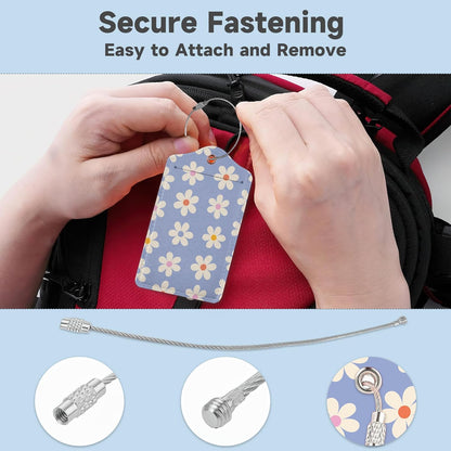 2 Pack Luggage Tag for Suitcase, Groovy Daisy Flowers Leather Bag Tags Identifiers Privacy Cover ID Label with Durable Steel Loop for Women Men Kids Girls Travel