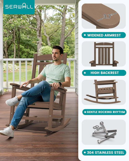 SERWALL Outdoor Rocking Chair, HDPE Patio Rocking Chair All-Weather Porch Rocker for Balcony, Yard, Brown