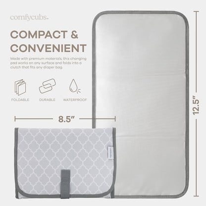 Comfy Cubs Baby Changing Pad Compact Size - Waterproof Diaper Changing Mat with Cushioned Pillow - Soft & Lightweight, Foldable Design for Travel - Stylish Design for Boys and Girls - Grey Pattern