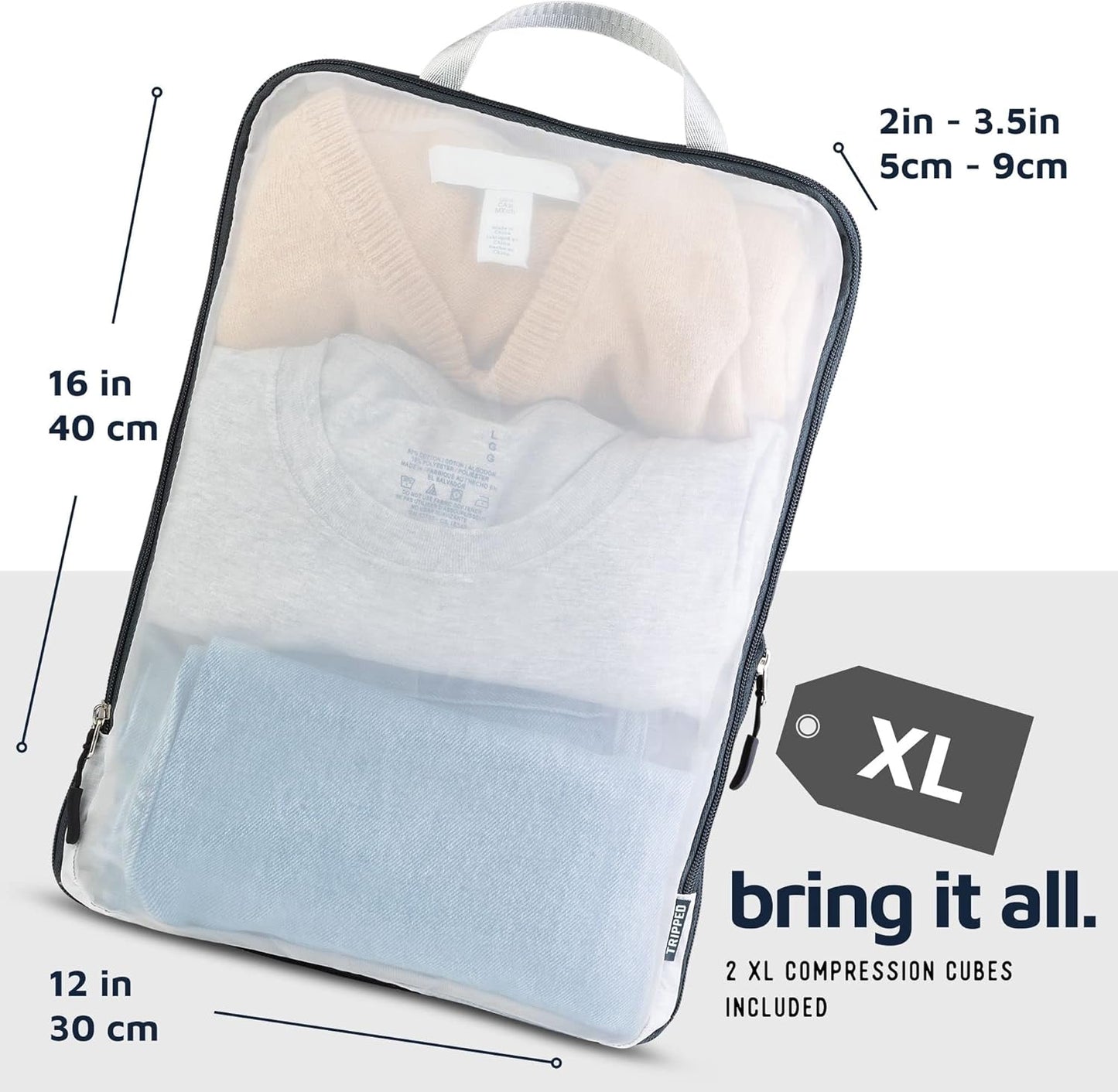Large Packing Cube Set with See Through Mesh- Compression Packing Cubes Travel Organizers by TRIPPED Travel Gear (White)