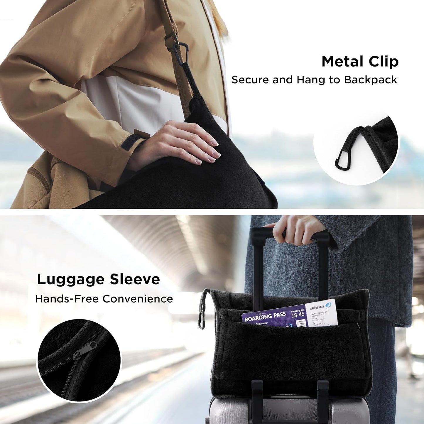 Bedsure Travel Blanket Airplane Compact with Storage Bag, Packable Blanket with Eye Mask, Lightweight 2-in-1 Travel Essentials, Functioned as Pillow for Airplane Comfort and Warmth, Black