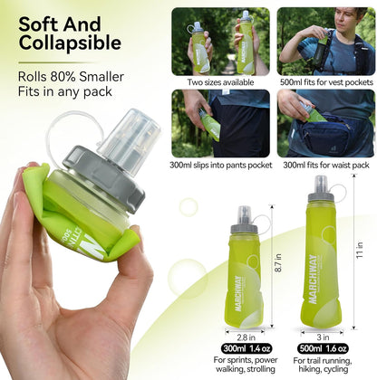 MARCHWAY Soft Hydration Flask with Wide Mouth, 300ml/500ml Collapsible TPU Water Bottle, Leakproof Portable Flexible for Running, Hiking, Cycling, Climbing, Gym, Travel (2pcs Yellow 500ml)