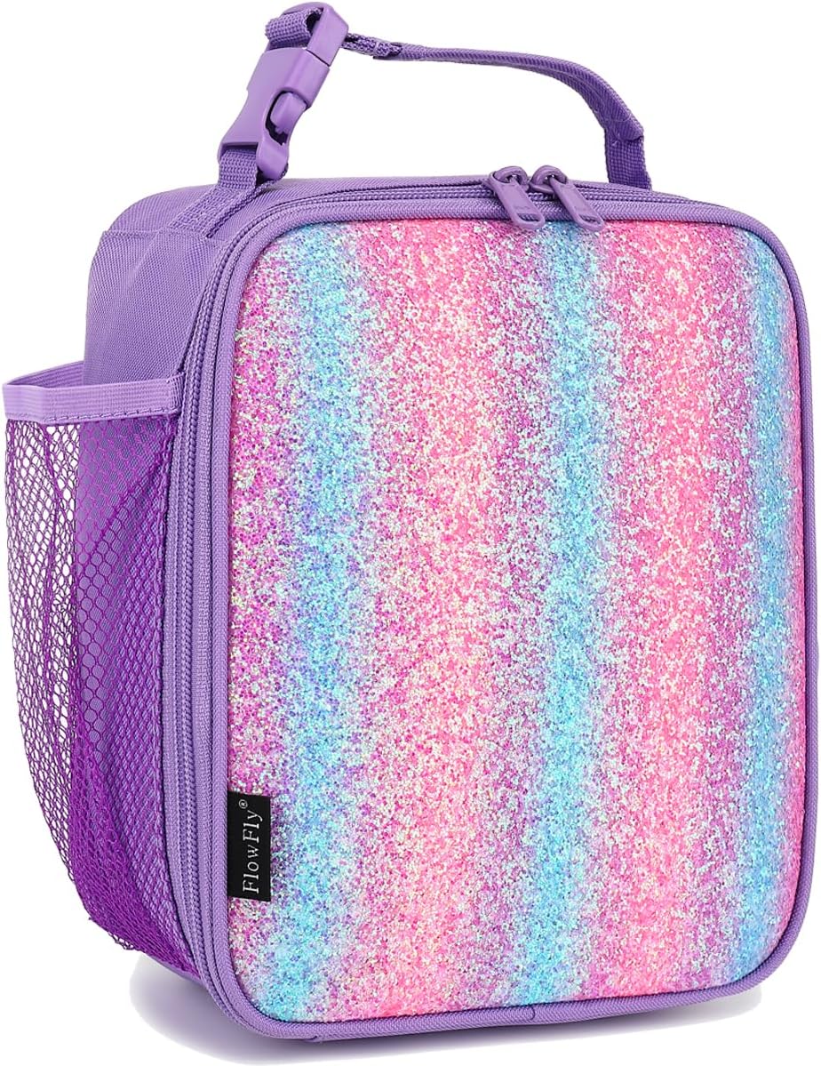 FlowFly Lunch box Insulated Soft Bag Mini Cooler Back to School Thermal Meal Tote Kit for Girls, Boys,Purple#Glitter