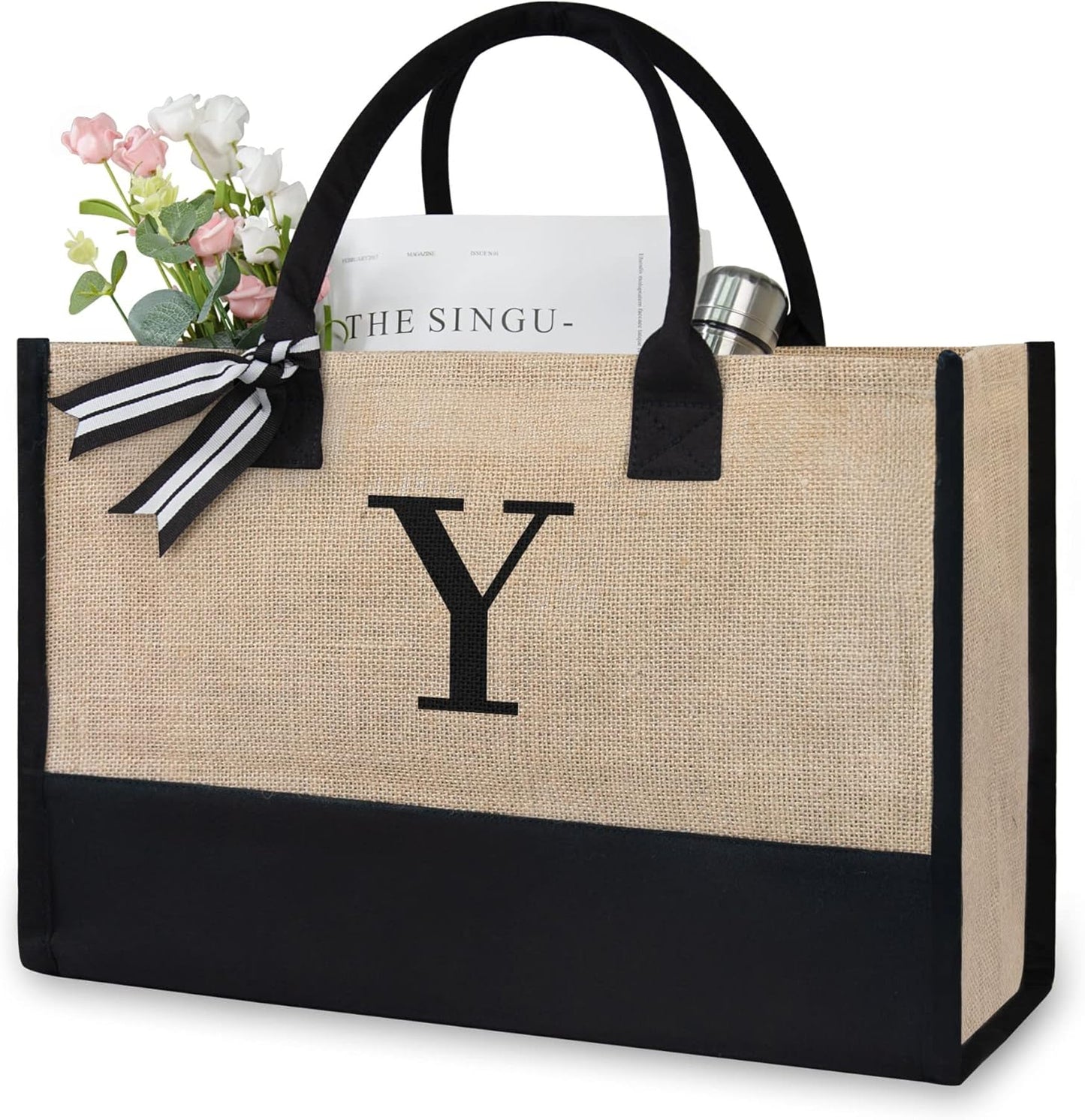 TOPDesign Initial Jute/Canvas Tote Bag, Personalized Present Bag, Suitable for Wedding, Birthday, Beach, Holiday, is a Great Gift for Women, Mom, Teachers, Friends, Bridesmaids (Letter Y)