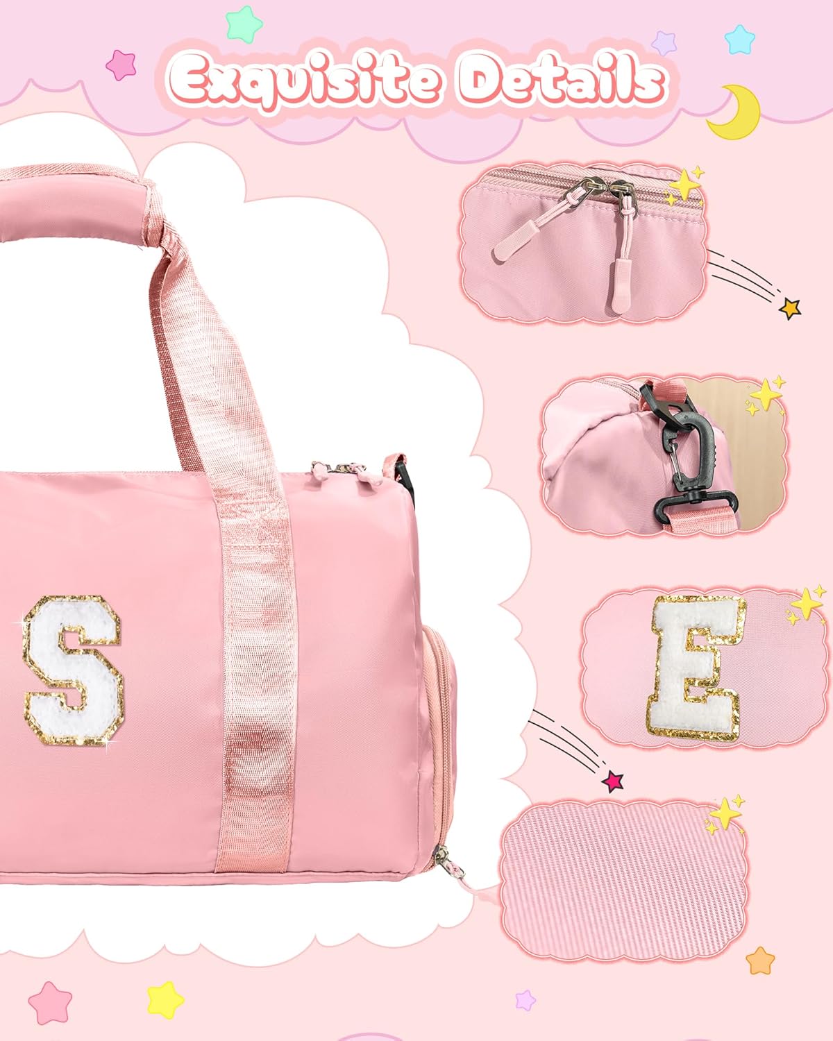 Ballet Dance Gifts for Little Girls-Girl Gym Bag with Shoe Compartment, Kid Weekender Ballet Bags, Initial Travel Tote with Makeup Pouch, Preppy Things for Kids Girls (Letter E)