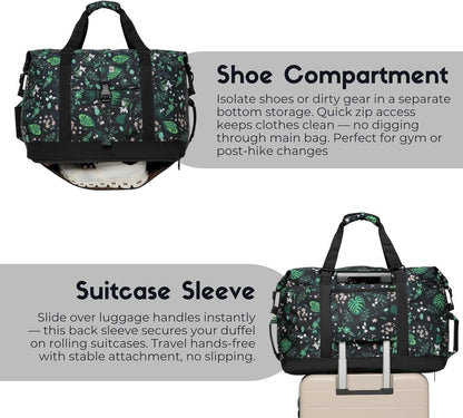 SUNNY BIRD Duffel with Utility Pouch, 40L Weekender Overnight Bag with Shoe Compartment for Travel and Sports (Floral & Foliage)