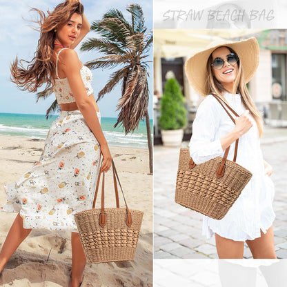Straw Beach Bags for Women Woven Beach Tote Bag Casual Boho Large Shoulder Handbags Purse for Vacation Holiday