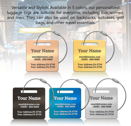 （2-Pack） Stainless Steel Custom Luggage Tags - Laser Engraved Personalized Travel Tags - Custom Name Identification Tags: for Suitcases, Backpacks, Bags and More (Silver)