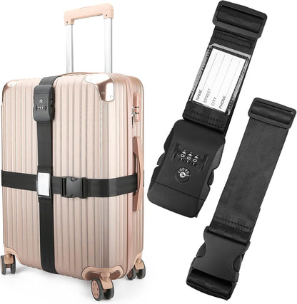 Luggage Straps, TSA Approved Luggage Strap Belt with Combination Lock for Suitcases, 2 Pack Heavy Duty Adjustable Black Cross Suitcase Straps with Name Tags for Travel, Carry On Bags, Protect