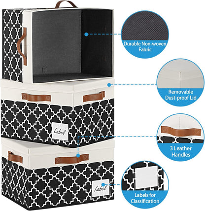 GhvyenntteS Fabric Storage Bins with Lids 3 Pack, Foldable Fabric Storage Boxes with Lids and 3 Handles, Sturdy Closet Organizers and Storage Bins with Label Window for Home (White&Lattice Black)
