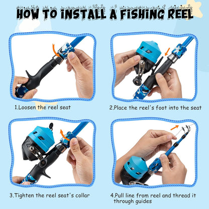 Kids Fishing Pole Set, Telescopic Fishing Rod Reel Combo Kids Starter Kit with Lures Tackle Box, Foldable Stool and Portable Bag for Boys Girls Younth