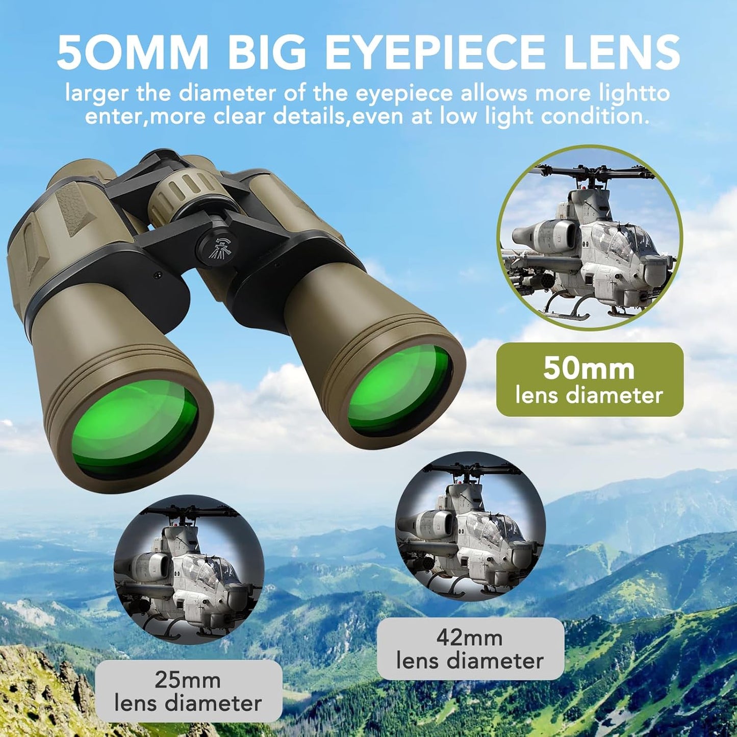 20x50 Binoculars for Adults High Powered, Military Compact HD Waterproof Binoculars with Low Light Vision for Bird Watching Travel Hunting Football Games Stargazing with Carrying Case and Strap(Mud)