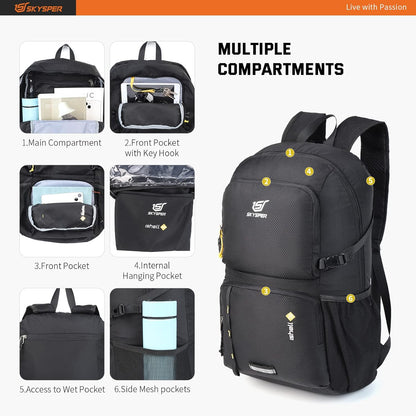 SKYSPER Lightweight Packable Backpack - 30L Hiking Daypack with Wet Pocket Foldable Travel Carry-on Backpack for Women Men