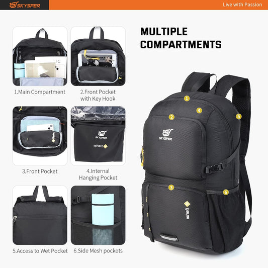 SKYSPER Lightweight Packable Backpack - 30L Hiking Daypack with Wet Pocket Foldable Travel Carry-on Backpack for Women Men