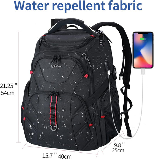 VANKEAN 17.3'' Travel Laptop Backpack TSA Friendly, Water Resistant Anti Theft Extra Large College Backpacks with RFID Pockets, USB Port for Men Women Business Work Bag, Black