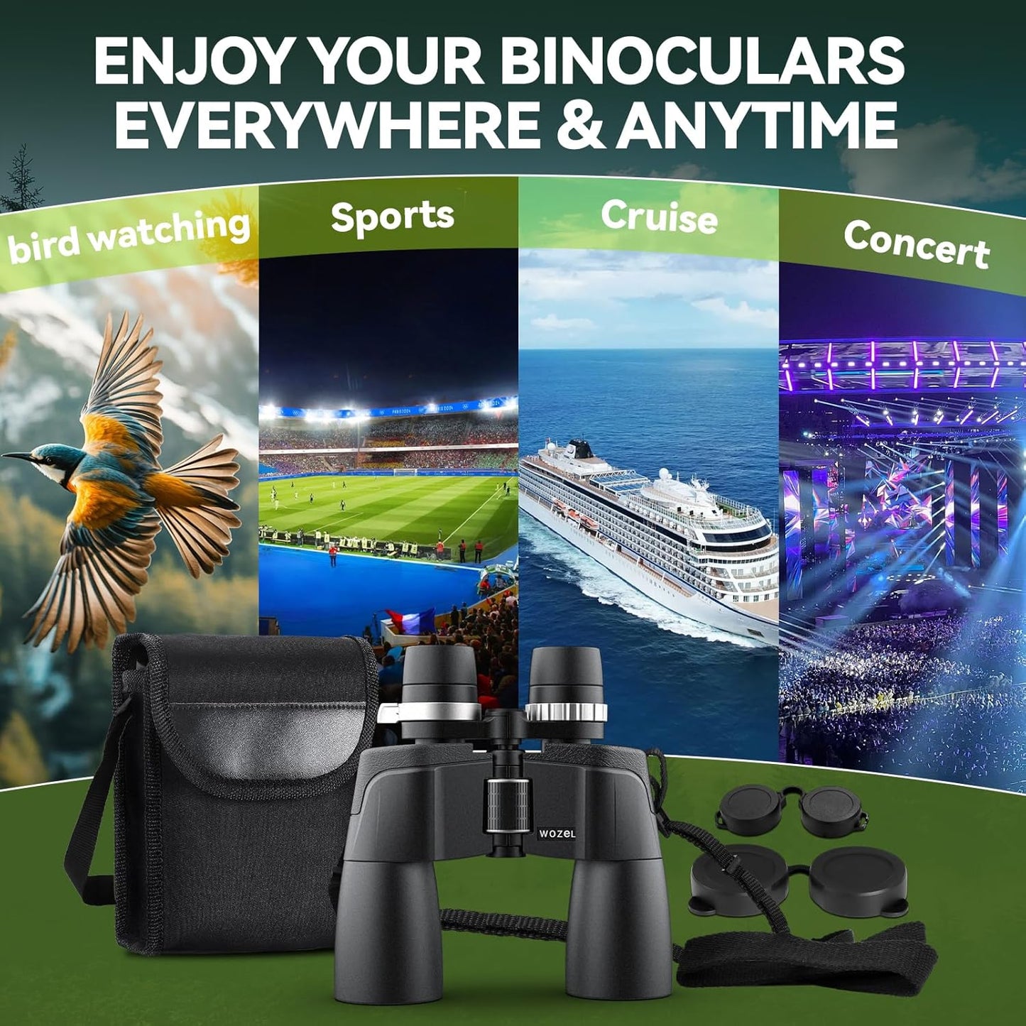 12-36X50 High Powered Zoom Binoculars for Adults - Wozel HD Professional Binoculars with Large Vision - Waterproof Binocular with Low Light for Bird Watching Travel Hunting Sports Cruise Outdoor