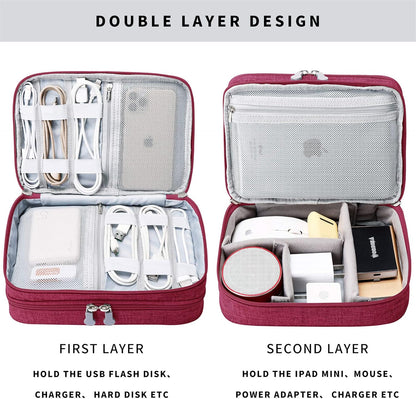 Travel Cable Organizer Bag, Electronic Accessories Case Portable Double Layer Cable Storage Bag for Cord,phone,Charger, Flash Drive, Phone, SD Card,Personal Items - (Red)