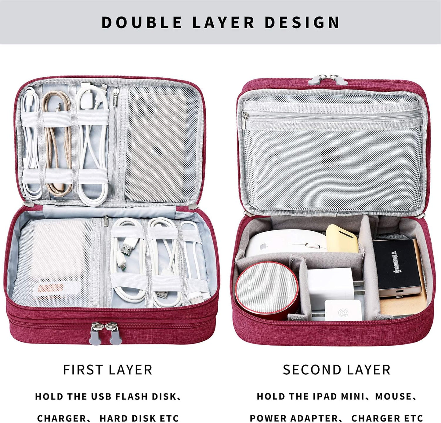 MIRLEWAIY Electronics Cable Organizer, Travel Electronic Accessories Storage Bag Double-Layer for Power Bank, USB, Fresh Drives, Chargers, Cables, Earphone, Red